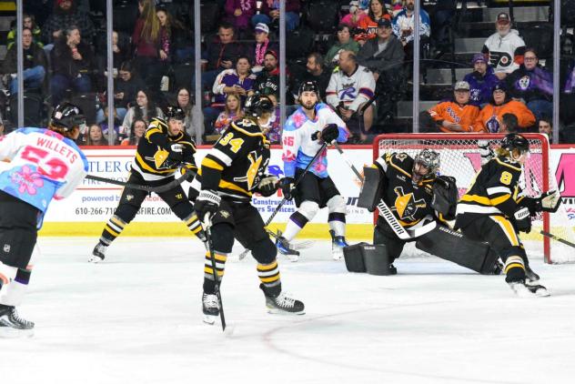 Wheeling Nailers goaltender Jake Smith stops a Reading Royals' shot
