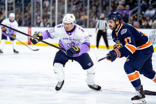 Atlanta Gladiators' Joey Cipollone and Greenville Swamp Rabbits' Carter Savoie in action