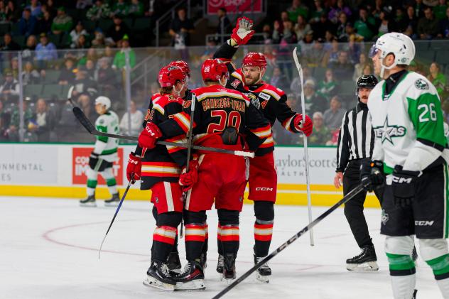 Grand Rapids Griffins exchange congratulations following a goal against the Texas Stars