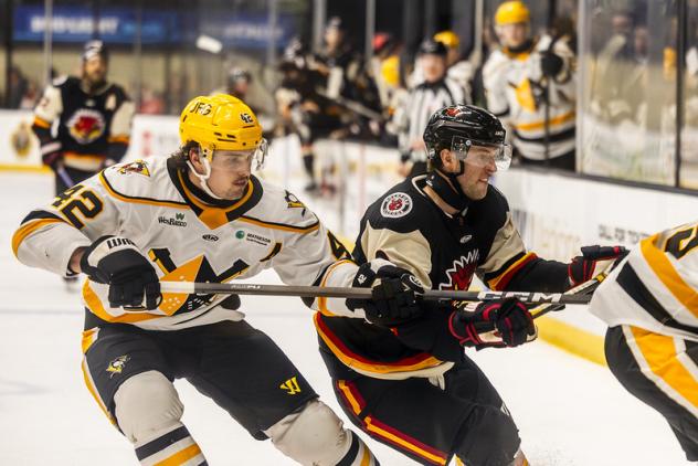Wheeling Nailers defenseman David Breazeale (left) vs. the Indy Fuel