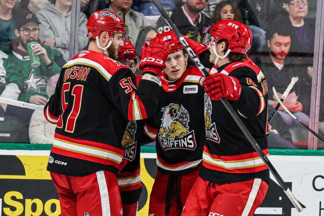 Grand Rapids Griffins celebrate a goal against the Texas Stars