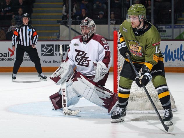 Peterborough Petes goaltender Easton Rye vs. the North Bay Battalion