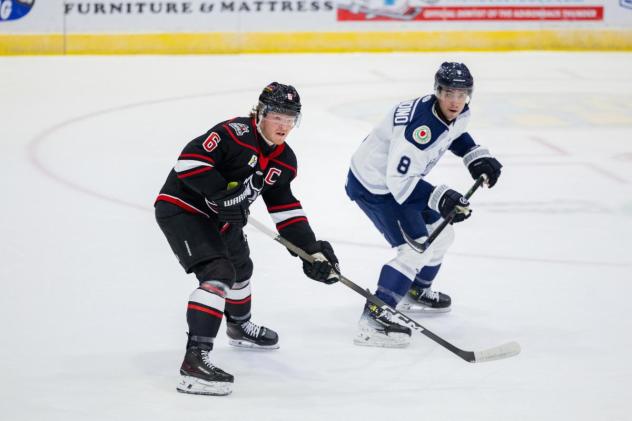 Worcester Railers defenseman Michael Ferrandino (right) vs. the Adirondack Thunder