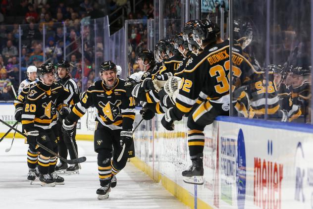 Wheeling Nailers forward Cole Tymkin after one of his goals