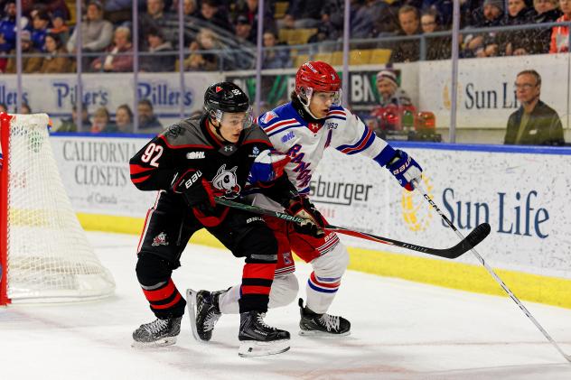 Kitchener Rangers defenseman Jakub Chromiak (right) vs. the Niagara IceDogs