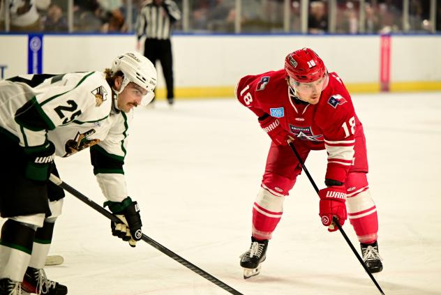 Belleville Senators' Christophe Fillion and Belleville Senators' Harrison Blaisdell on game night