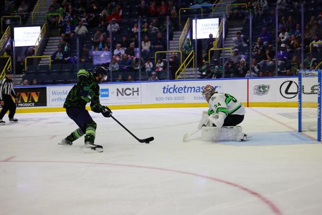 Florida Everblades eye the goal against the Savannah Sand Gnats