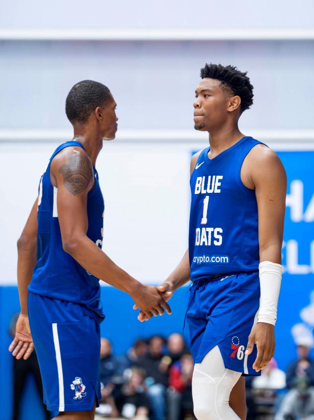 Delaware Blue Coats guard Jaylen Martin (right) and forward Malcolm Hill