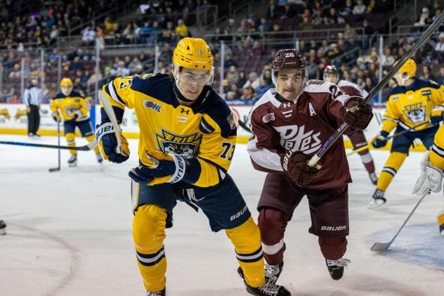 Peterborough Petes centre Aiden Young (right) vs. the Erie Otters
