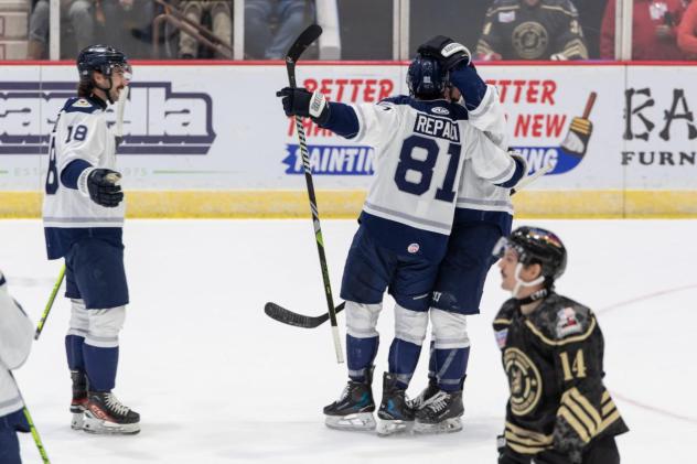 Worcester Railers' Michael Suda and Anthony Repaci and Adirondack Thunder's Conner Hutchison on game night
