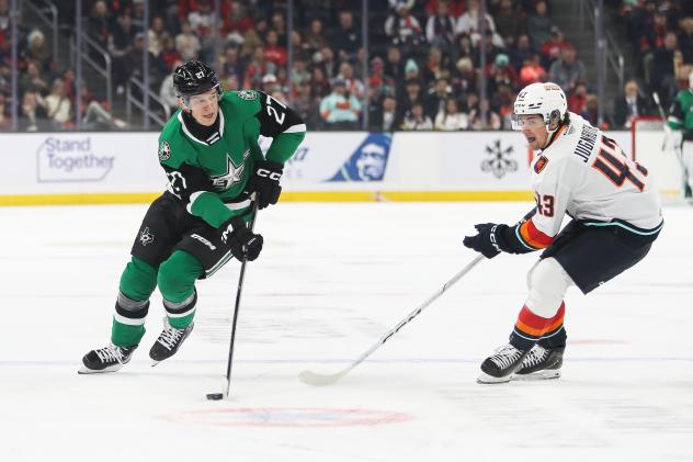 Texas Stars' Jack Becker and Coachella Valley Firebirds' Tyson Jugnauth in action