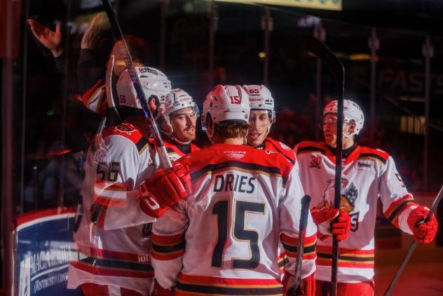 Grand Rapids Griffins gather after a goal