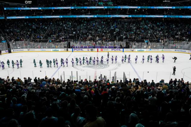 A crowd at Climate Pledge Arena watches the Seattle Torrent's home opener