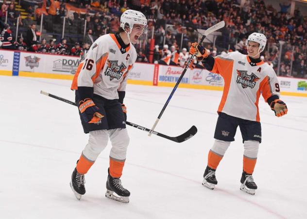 Flint Firebirds forward Nathan Aspinall reacts after a goal