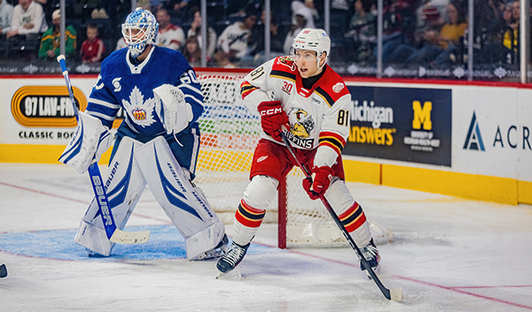 Grand Rapids Griffins left wing Jakub Rychlovský vs. the Toronto Marlies