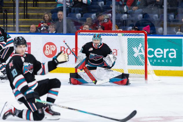 Kelowna Rockets left wing Tomas Poletin and goaltender Linden Sobocan