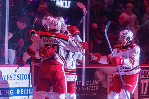 Grand Rapids Griffins celebrate a goal in front of the home fans