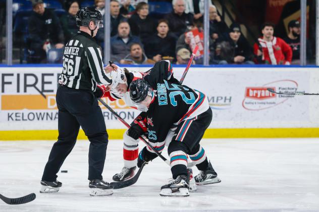 Kelowna Rockets centre Jaxon Kehrig in the faceoff circle