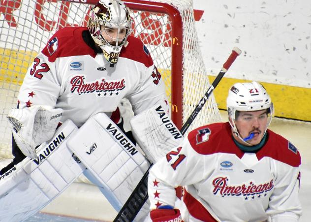 Allen Americans goaltender David Tendeck and defenseman Jackson Decker