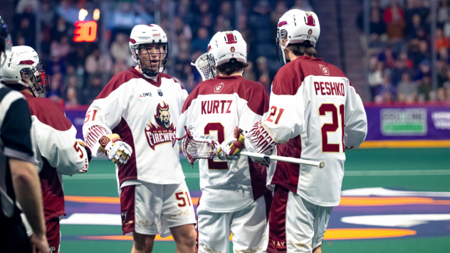 Oshawa FireWolves gather following a Tye Kurtz goal