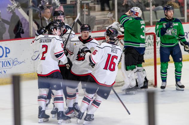 Adirondack Thunder gather following a goal against the Maine Mariners