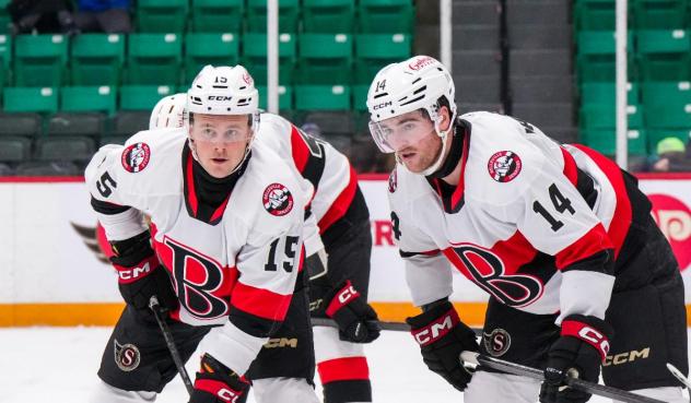 Belleville Senators right wing Olle Lycksell (left) and defenseman Scott Harrington