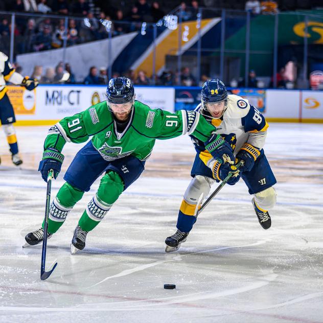 Florida Everblades forward Hudson Elynuik (left) gets the edge against the Norfolk Admirals