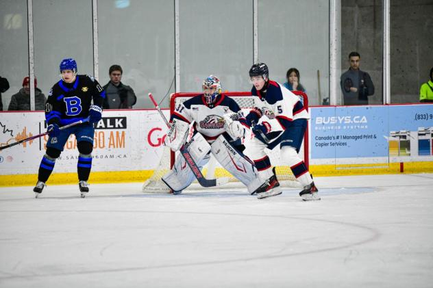 Saginaw Spirit goaltender Kaleb Papineau vs. the Brampton Steelheads