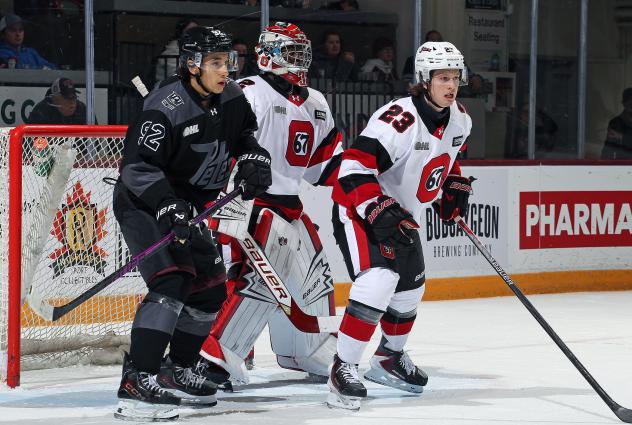 Peterborough Petes right wing Matthew Soto (left) vs. the Ottawa 67's