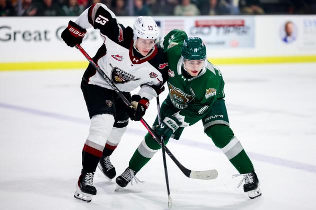 Vancouver Giants' Tobias Tomik battles Everett Silvertips' Carter Bear