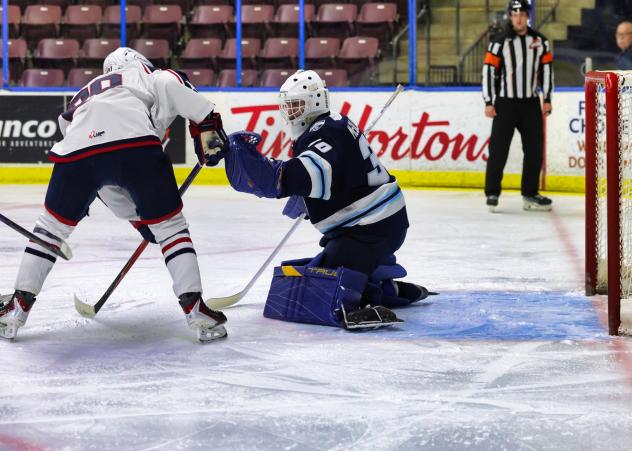 Penticton Vees goaltender Ethan McCallum makes a stop