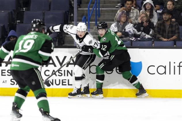 Texas Stars center Arttu Hyry (right) and forward Cameron Hughes vs. the Ontario Reign