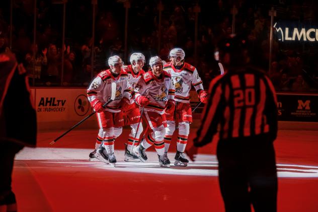 Grand Rapids Griffins gather following a goal