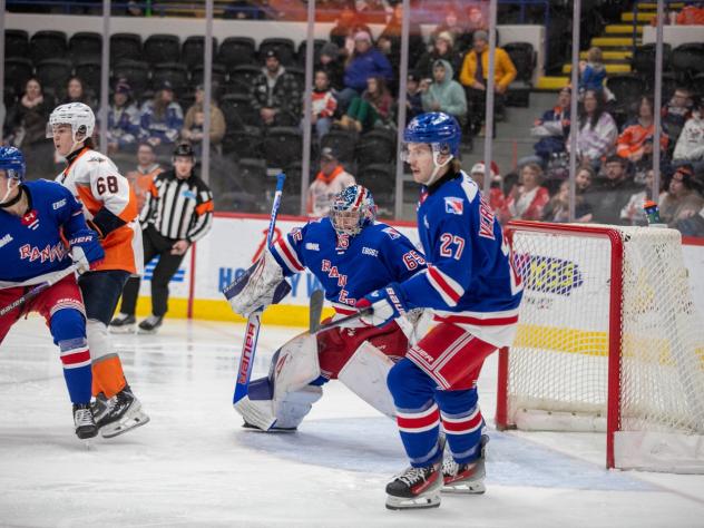 Kitchener Rangers goaltender Christian Kirsch and centre Andrew Vermeulen