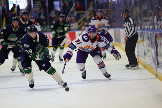 Florida Everblades forwqard Ryan Naumovski (left) vs. the Orlando Solar Bears