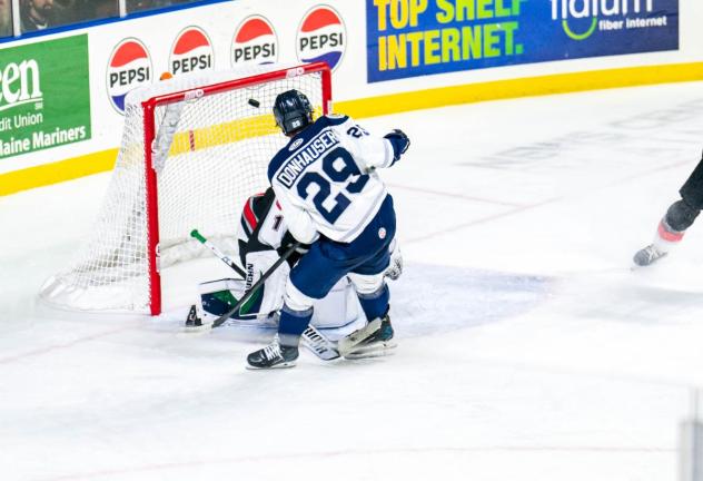 Worcester Railers' Cole Donhauser battles Maine Mariners' Brad Arvanitis