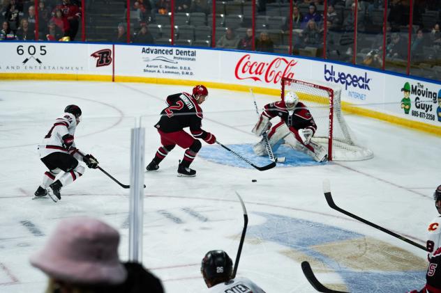 Allen Americans defenseman Quinn Warmuth and goaltender Marco Marco Costantini vs. the Rapid City Rush