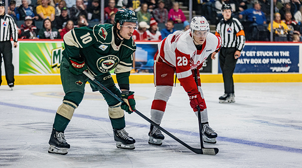 Grand Rapids Griffins right wing Michael Brandsegg-Nygård (right) vs. the Iowa Wild