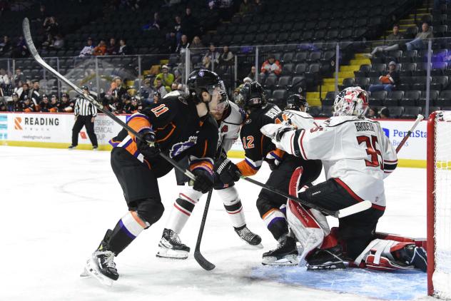 Adirondack Thunder goaltender Jeremy Brodeur vs. the Reading Royals