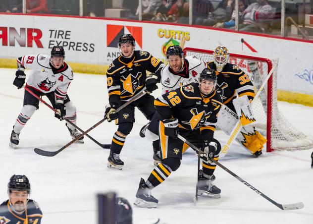 Wheeling Nailers defend against the Adirondack Thunder
