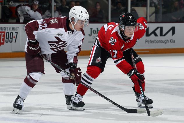 Peterborough Petes left wing Leon Kolarik (left) vs. the Niagara IceDogs