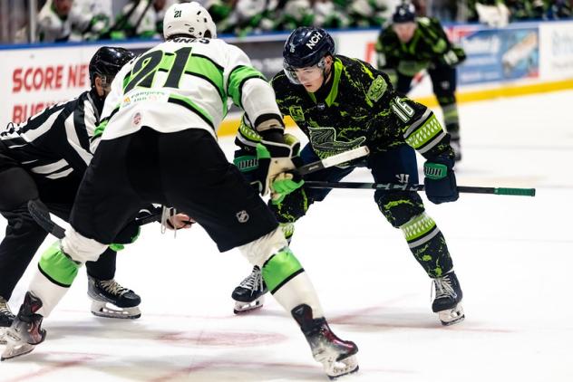 Florida Everblades forward Tarun Fizer (right) in the faceoff circle