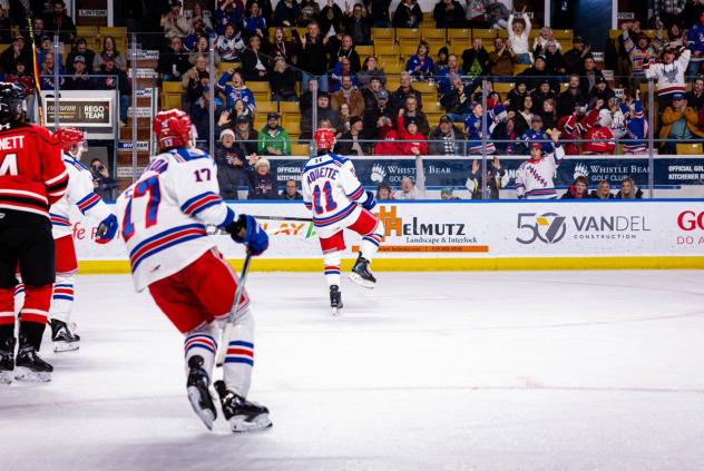Kitchener Rangers right wing Cameron Arquette faces the crowd after his goal