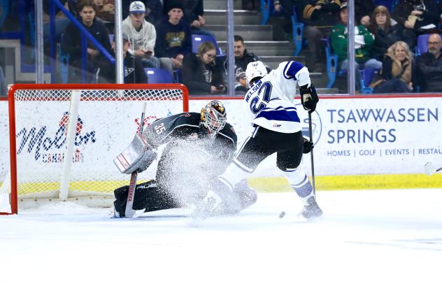 Vancouver Giants' Burke Hood battles Victoria Royals' Heath Nelson