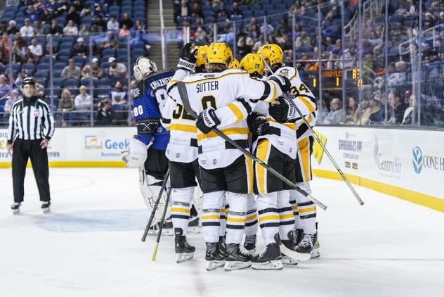 Wheeling Nailers exchange congratulations following a goal