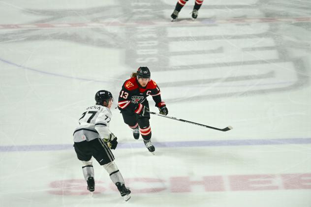 Idaho Steelheads' Aidan Hreschuk and Rapid City Rush's Ryan Wagner in action