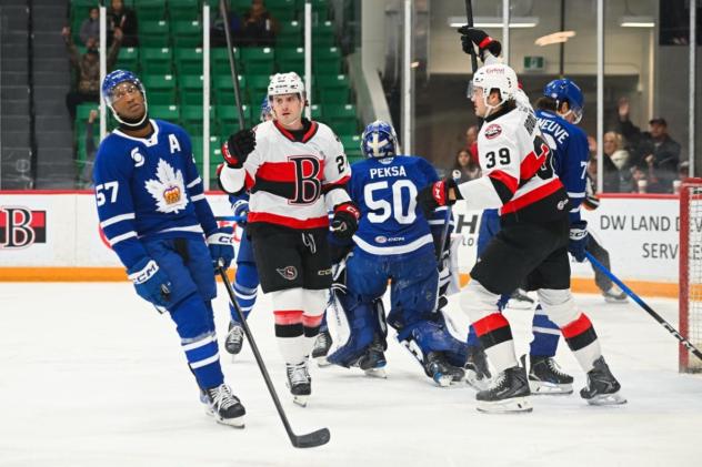 Belleville Senators centre Landen Hookey reacts after a goal vs. the Toronto Marlies