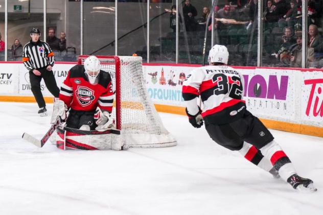 Belleville Senators right wing Oskar Pettersson takes a shot