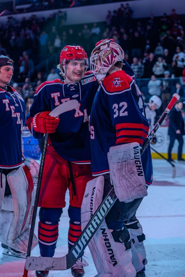 Allen Americans goaltender David Tendeck receives congratulations