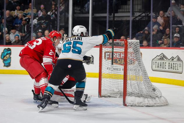 Allen Americans' Sam Sedley and Tahoe Knight Monsters' Devon Paliani in action